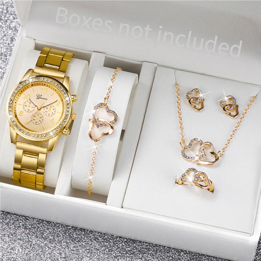 6PCS/Set Women's Watch Fashion Rhinestone Stainless Steel Band Quartz
