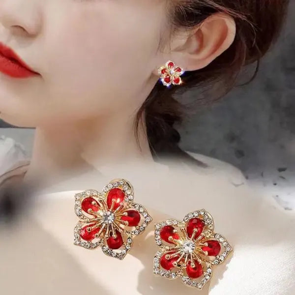 New Fashion Jewelry Red Rose Drop Earrings Women Vintage Rhinestone Flowers Dangle Earring Weddings Engagement Party Jewelry