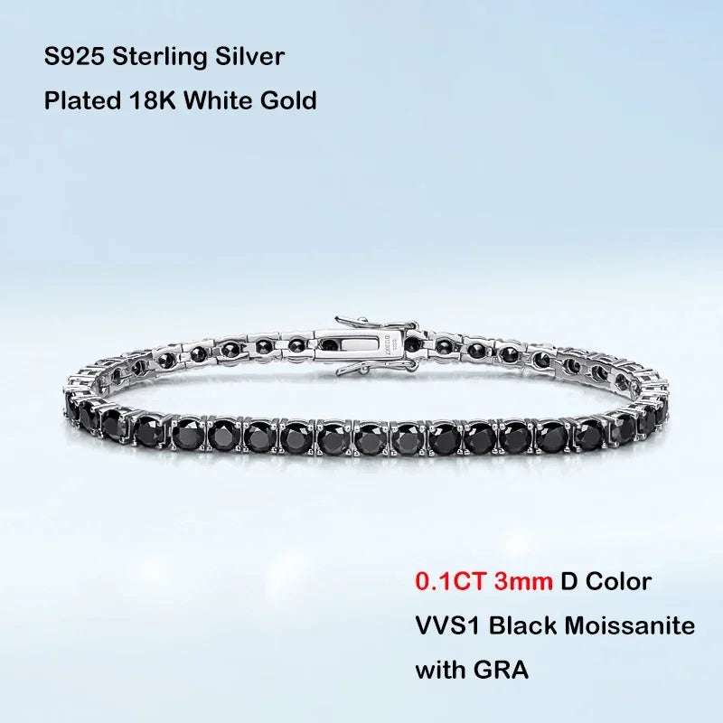 Mens Sterling Silver Bracelets - Real 3/4/5/6.5MM Full Black Moissanite Tennis Bracelet for Women Men S925 Silver Link Bracelets Fine Jewelry