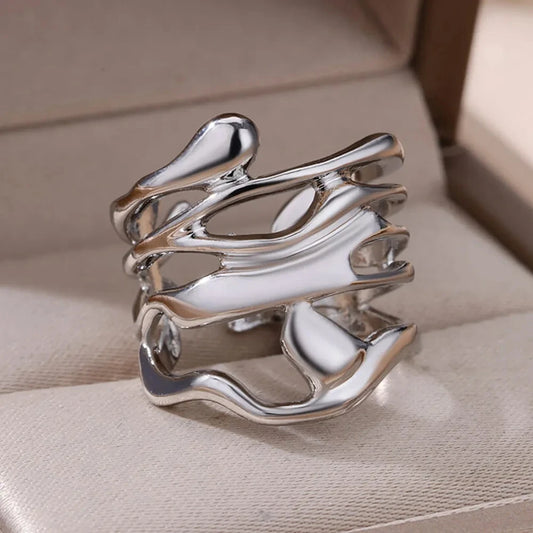 Stainless Steel Rings For Women Men Gold Color Hollow Wide Ring Female