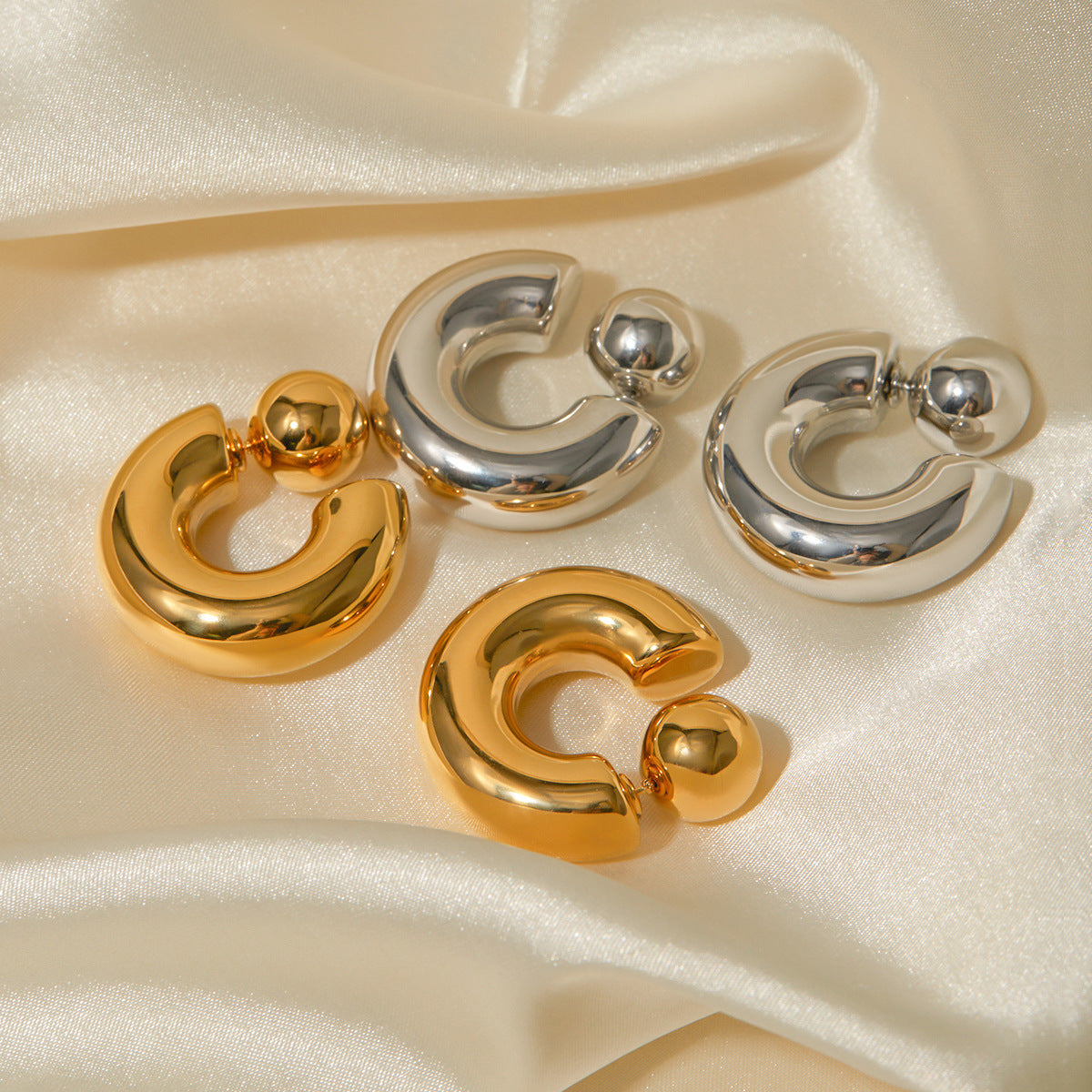 Adiffu 16K Gold Stainless Steel Front And Rear C-shaped Earrings