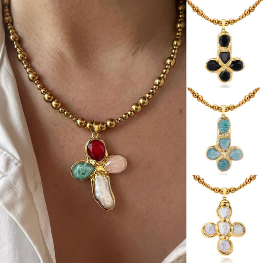 Titanium Steel Goose Soft Stone Cross Zircon Pendant Necklace I