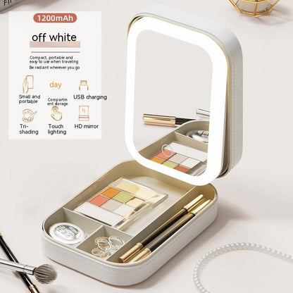 Makeup Storage Box With LED Light Mirror Portable Travel Makeup Cosmetics