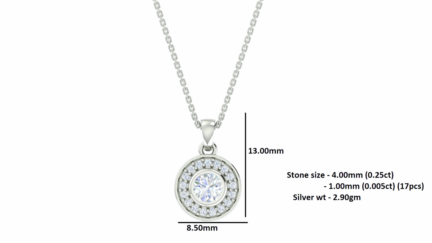 RKC Silver Halo 0.33 CT Moissanite Round Cut Women Pendant 925 Silver Wt 2.9 gm with Height 13mm & Box Chain