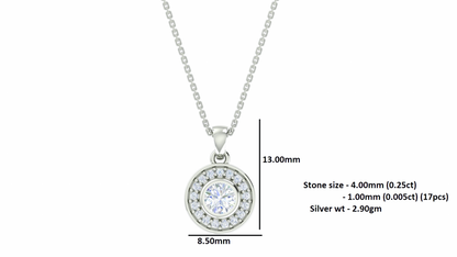 RKC Silver Halo 0.33 CT Moissanite Round Cut Women Pendant 925 Silver Wt 2.9 gm with Height 13mm & Box Chain