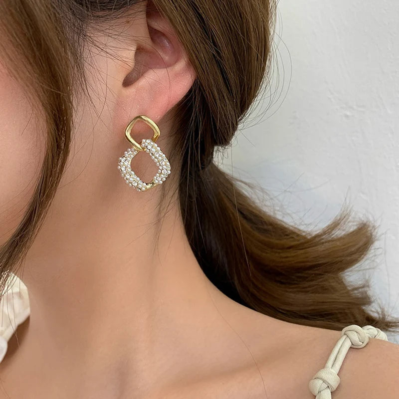 Trendy Crystal Geometric Dangle Earrings For Women Water Drop Imitation Pearl Round Tassel Earring Girl Party Engagement Jewelry