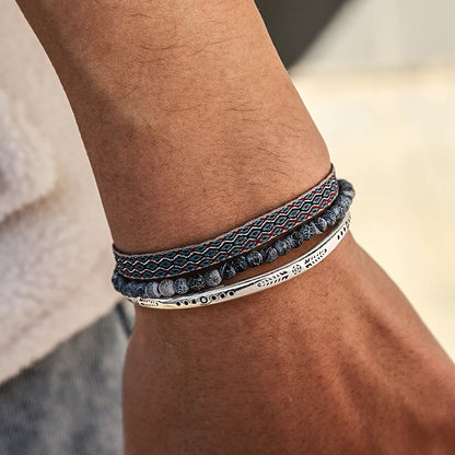 Men' s Bracelet 3Pcs/ Set Tibetan Buddhism Lucky Knot Rope  Natural Weathered Agate Beads Hand Carve Cuff Bracelet On Hand Gift