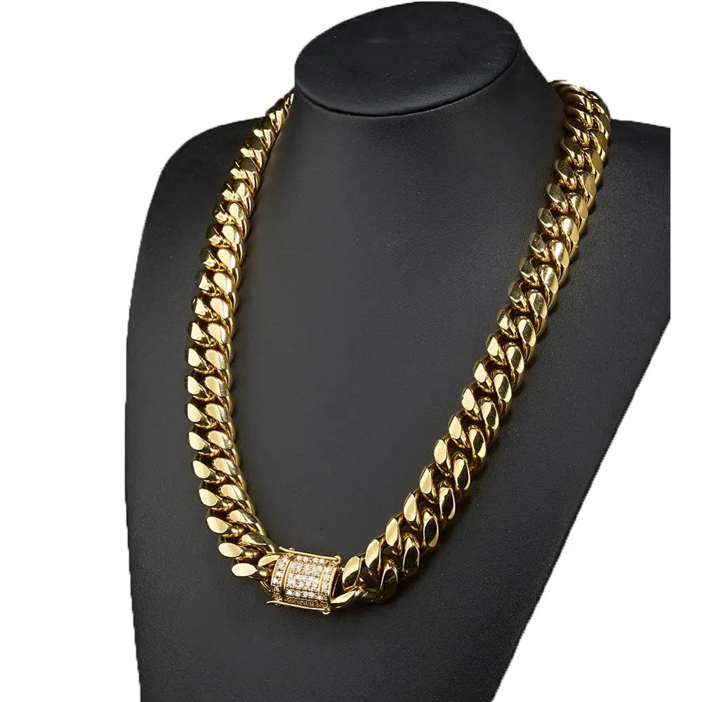 6-18mm wide Stainless Steel Cuban Miami Chains Necklaces CZ Zircon Box Lock Big Heavy Link Chain for Men Hip Hop Rapper jewelry