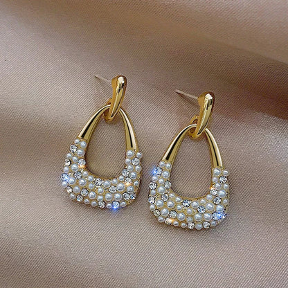 Trendy Crystal Geometric Dangle Earrings For Women Water Drop Imitation Pearl Round Tassel Earring Girl Party Engagement Jewelry