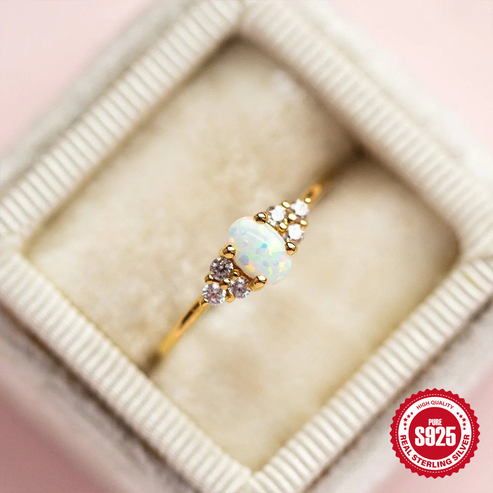 Women's Diamond S925 Sterling Silver Opal Ring