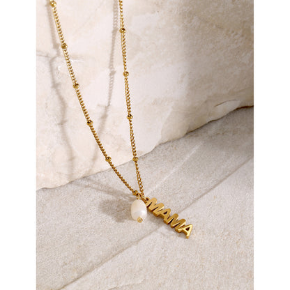 18K Gold Stainless Steel Mother's Day MAMA Letter Hanging Freshwater Pearl