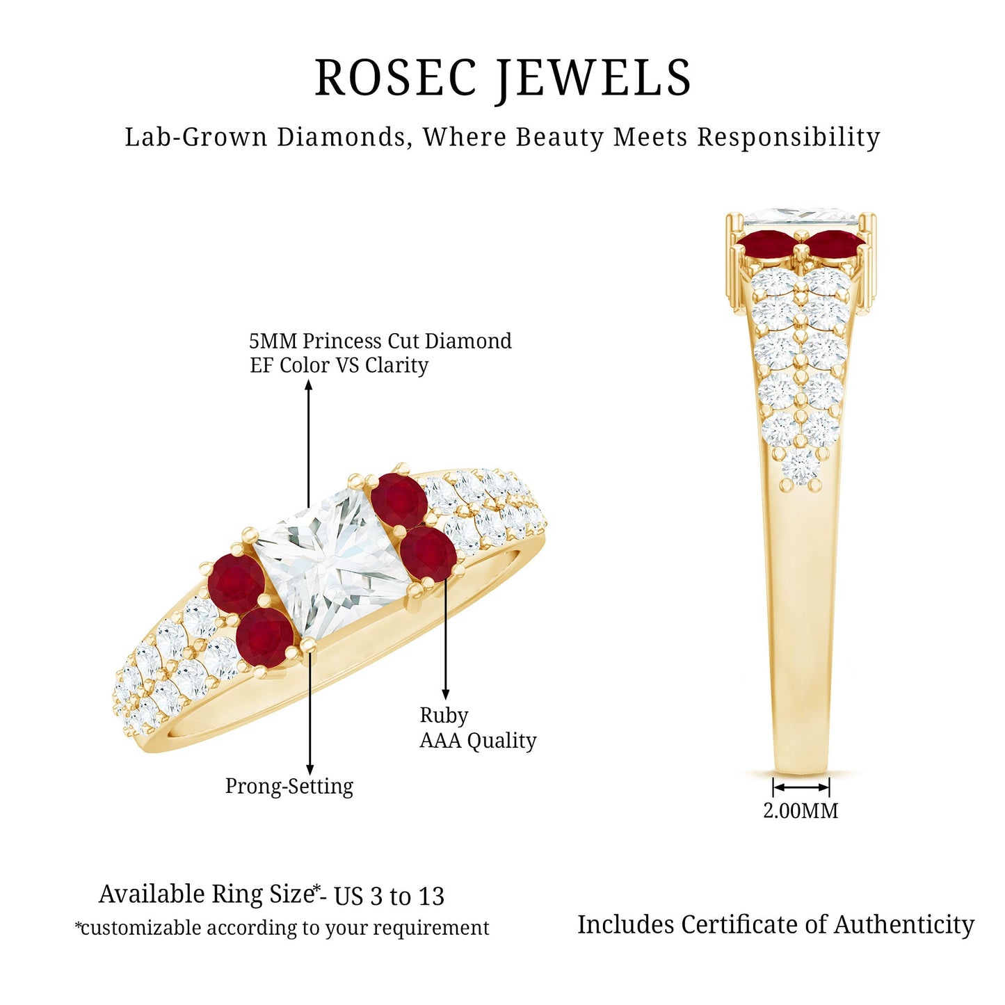 Lab Grown Diamond 5 MM Princess Cut Engagement Ring With Ruby