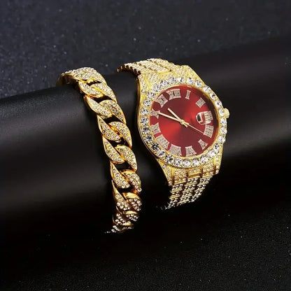 3PCS luxury alloy full diamond rhinestone mirror men's quartz watch
