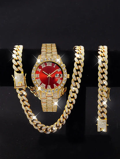 3PCS luxury alloy full diamond rhinestone mirror men's quartz watch