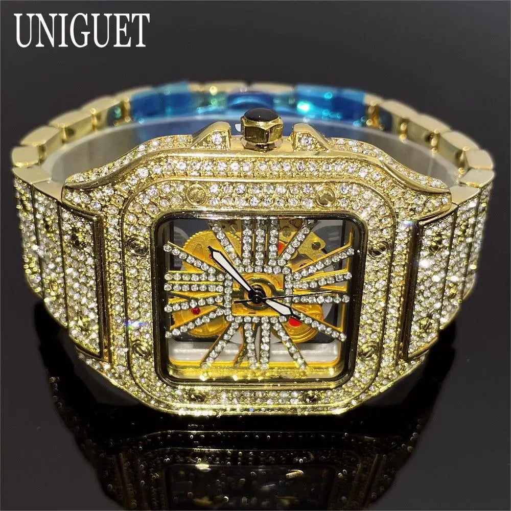 Top Luxury Gold Watch For Men Hip Hop Iced Diamond Square Quartz Wristwatches Fashion Hollow Waterproof Clocks Male Reloj 2025