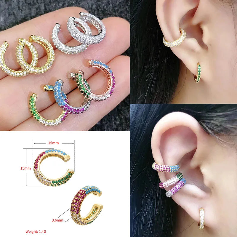 QMHJE 1 Piece Ear Clip on Earring Cuff Rainbow CZ Gold Silver Color Earing Jewelry Aretes Non Pierced Blue Black Clear Clipping