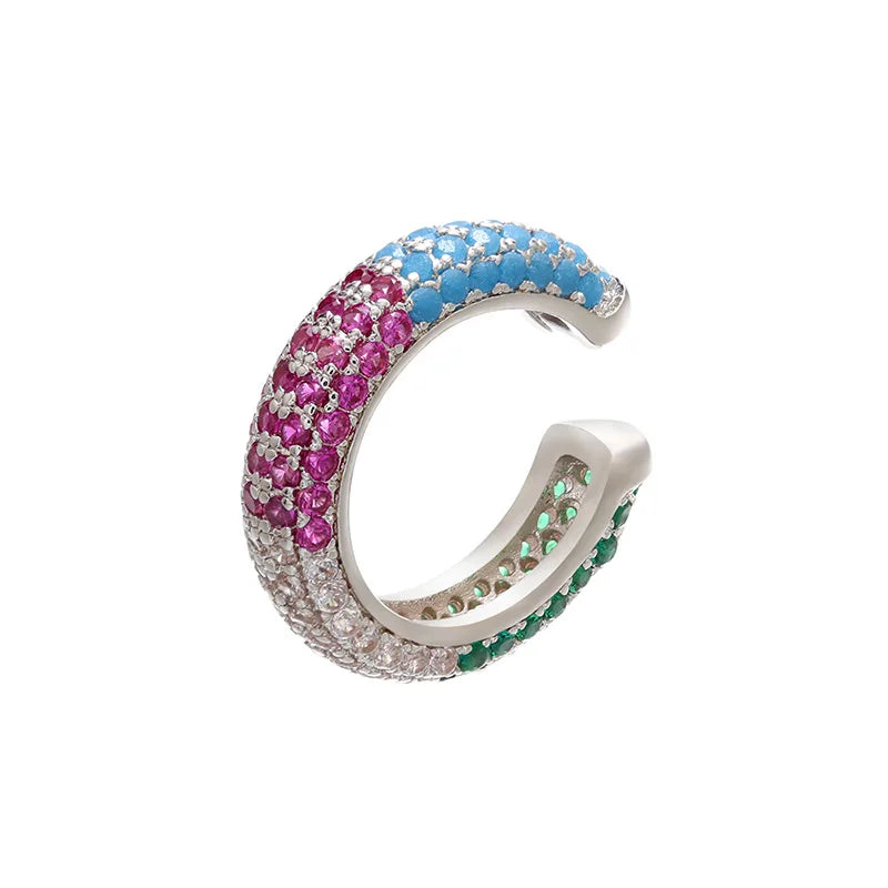 QMHJE 1 Piece Ear Clip on Earring Cuff Rainbow CZ Gold Silver Color Earing Jewelry Aretes Non Pierced Blue Black Clear Clipping
