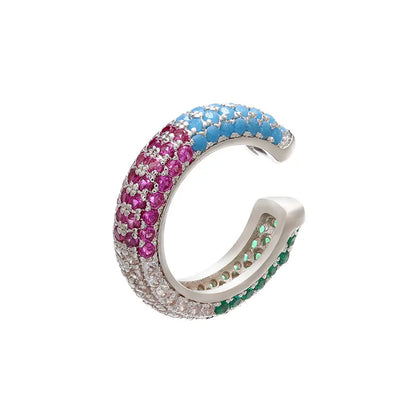 QMHJE 1 Piece Ear Clip on Earring Cuff Rainbow CZ Gold Silver Color Earing Jewelry Aretes Non Pierced Blue Black Clear Clipping