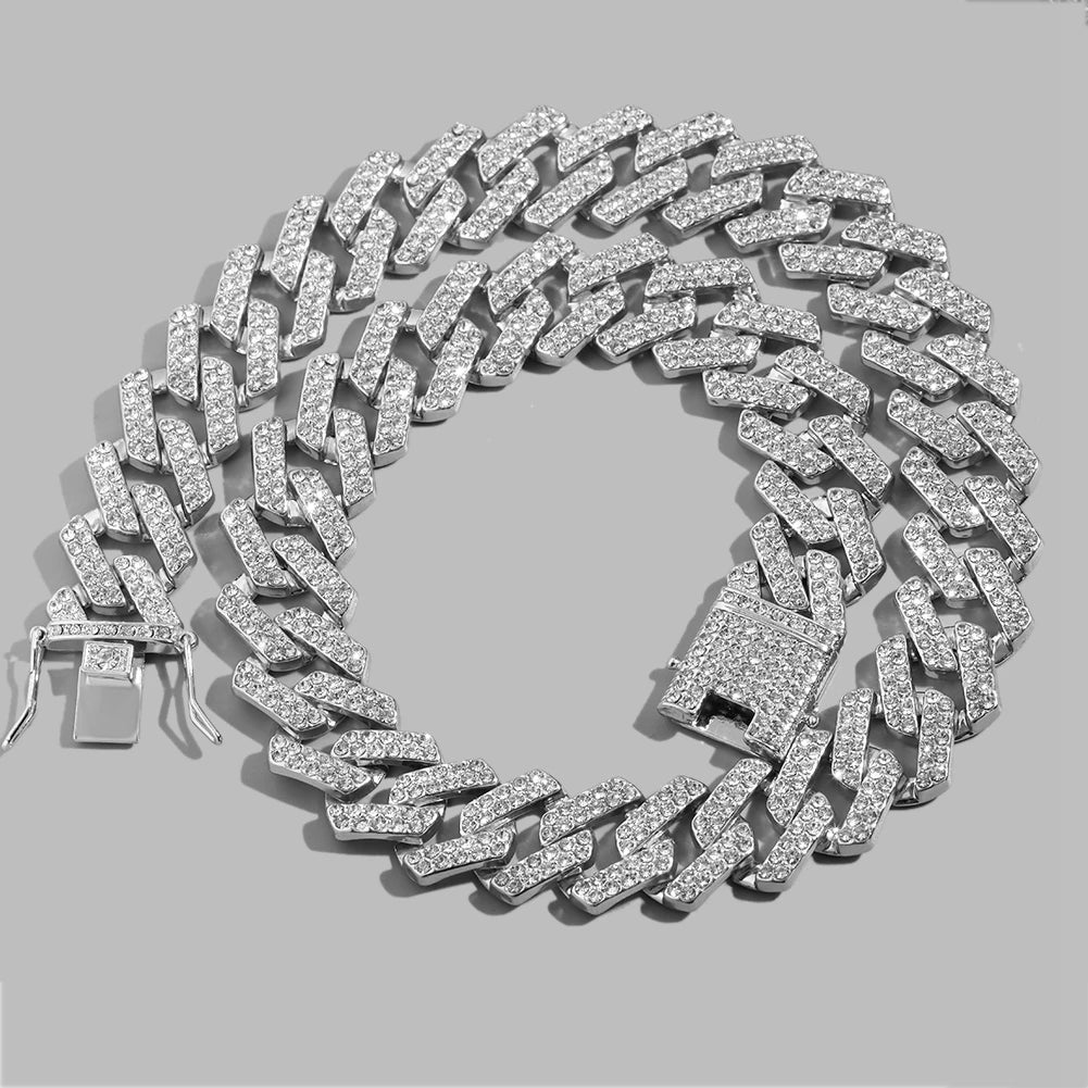 Hip Hop Men Chain 20MM Prong Cuban Chain 2 Row Iced Out Bling Rhinestones Miami Cuban Link Necklaces For Men Jewelry Iced Chain