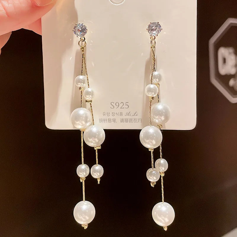2022 New Trend Simulation Pearl Long Earrings Women's Flower Rhinestone Wedding Pendant Earrings Fashion Korean Jewelry Earrings