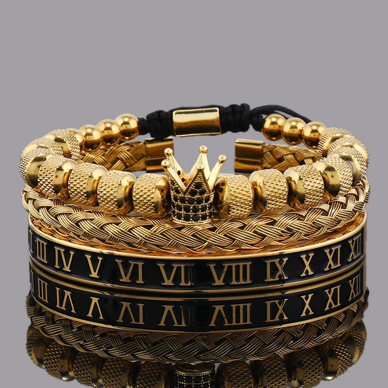 Luxury Set Crown Charms Man Bracelet Roman Stainless Steel Women Bangles Hand Jewelry Valentine's Day Gift