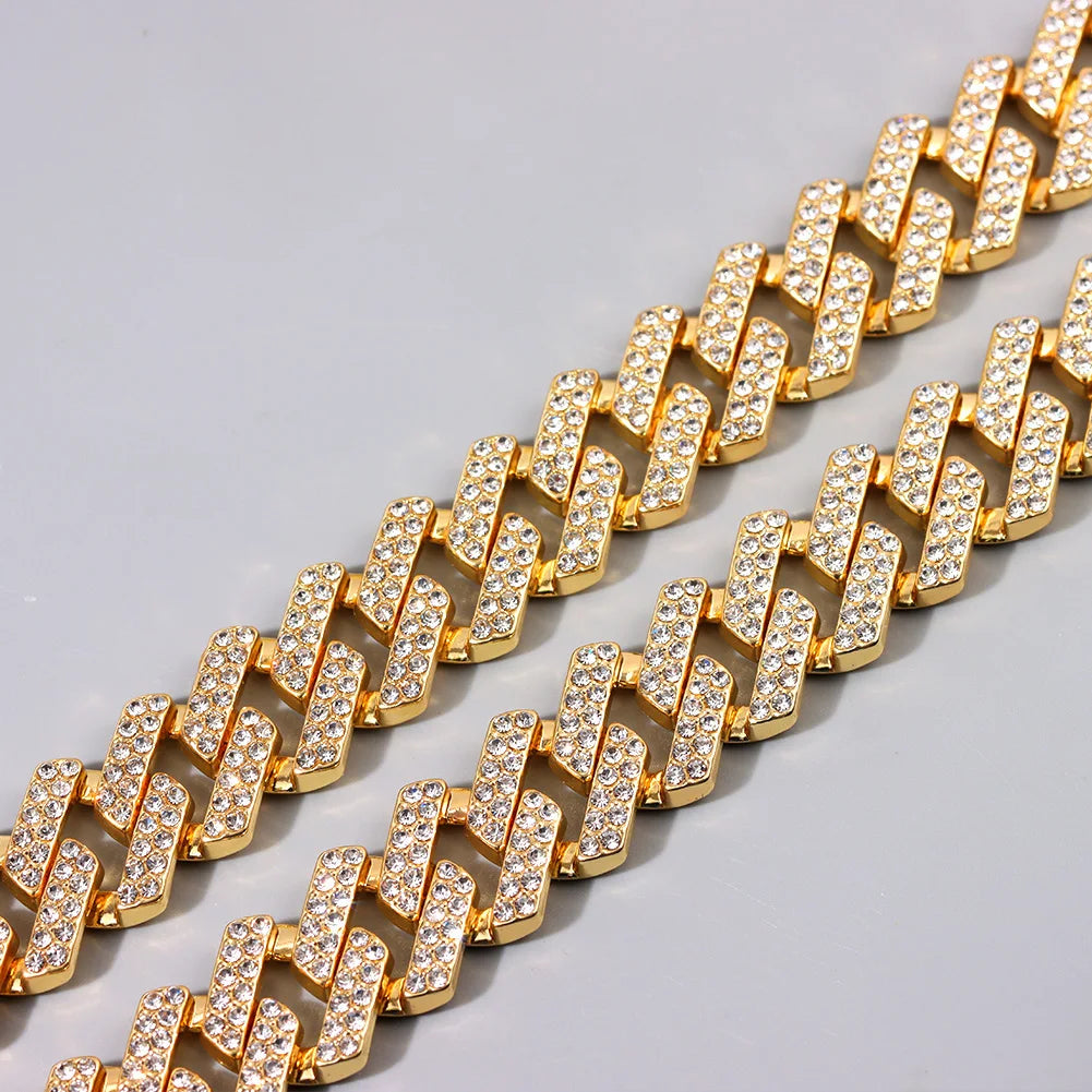 Hip Hop Men Chain 20MM Prong Cuban Chain 2 Row Iced Out Bling Rhinestones Miami Cuban Link Necklaces For Men Jewelry Iced Chain