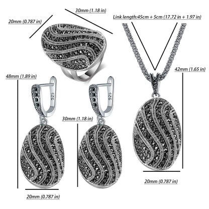 Ajojewel S-shaped Vintage Ladies Jewelry Necklaces And Earring Set Full Rhinestone Black Ring Retro Items Collection