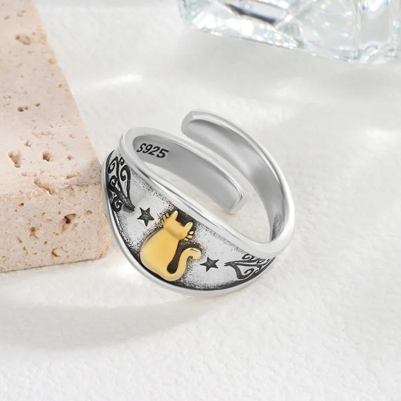 Sterling Silver Simple Punk Cat Rings For Women - Geometric Fashion Open Adjustable Handmade Party Jewelry Gift Allergy