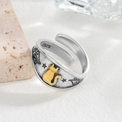 Sterling Silver Simple Punk Cat Rings For Women - Geometric Fashion Open Adjustable Handmade Party Jewelry Gift Allergy