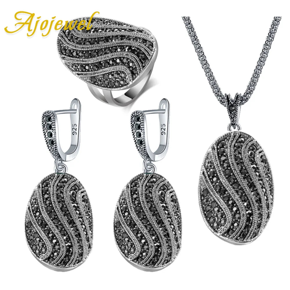 Ajojewel S-shaped Vintage Ladies Jewelry Necklaces And Earring Set Full Rhinestone Black Ring Retro Items Collection