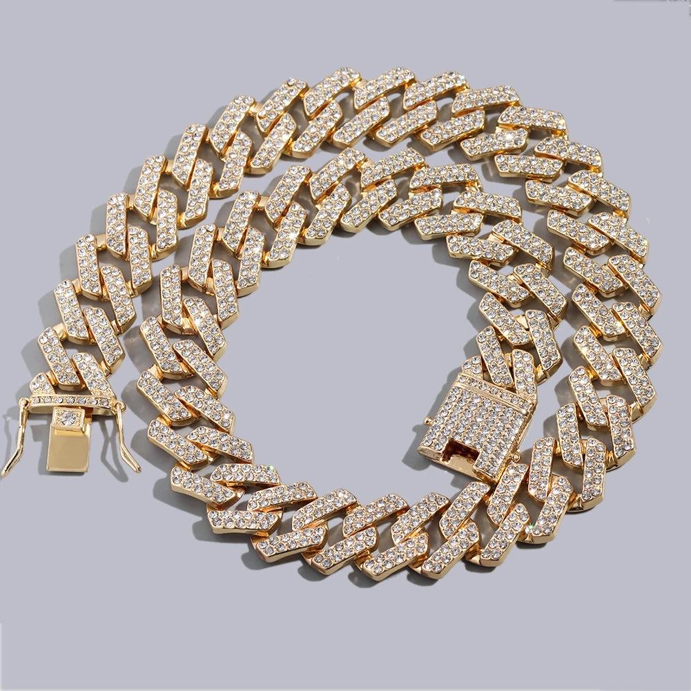 Hip Hop Men Chain 20MM Prong Cuban Chain 2 Row Iced Out Bling Rhinestones Miami Cuban Link Necklaces For Men Jewelry Iced Chain