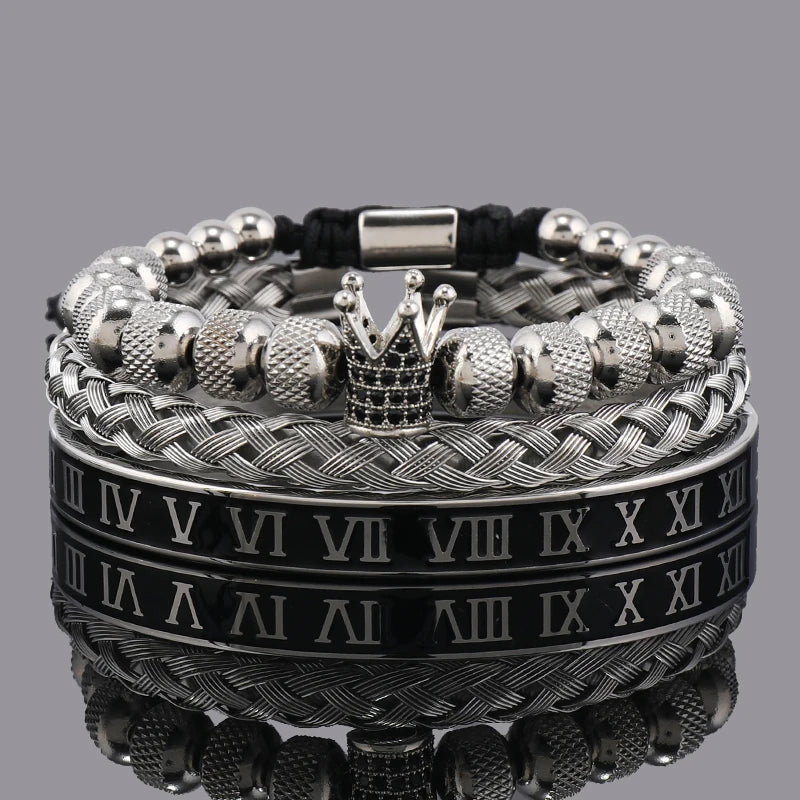 Luxury Set Crown Charms Man Bracelet Roman Stainless Steel Women Bangles Hand Jewelry Valentine's Day Gift