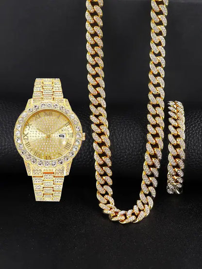 3PCS luxury alloy full diamond rhinestone mirror men's quartz watch