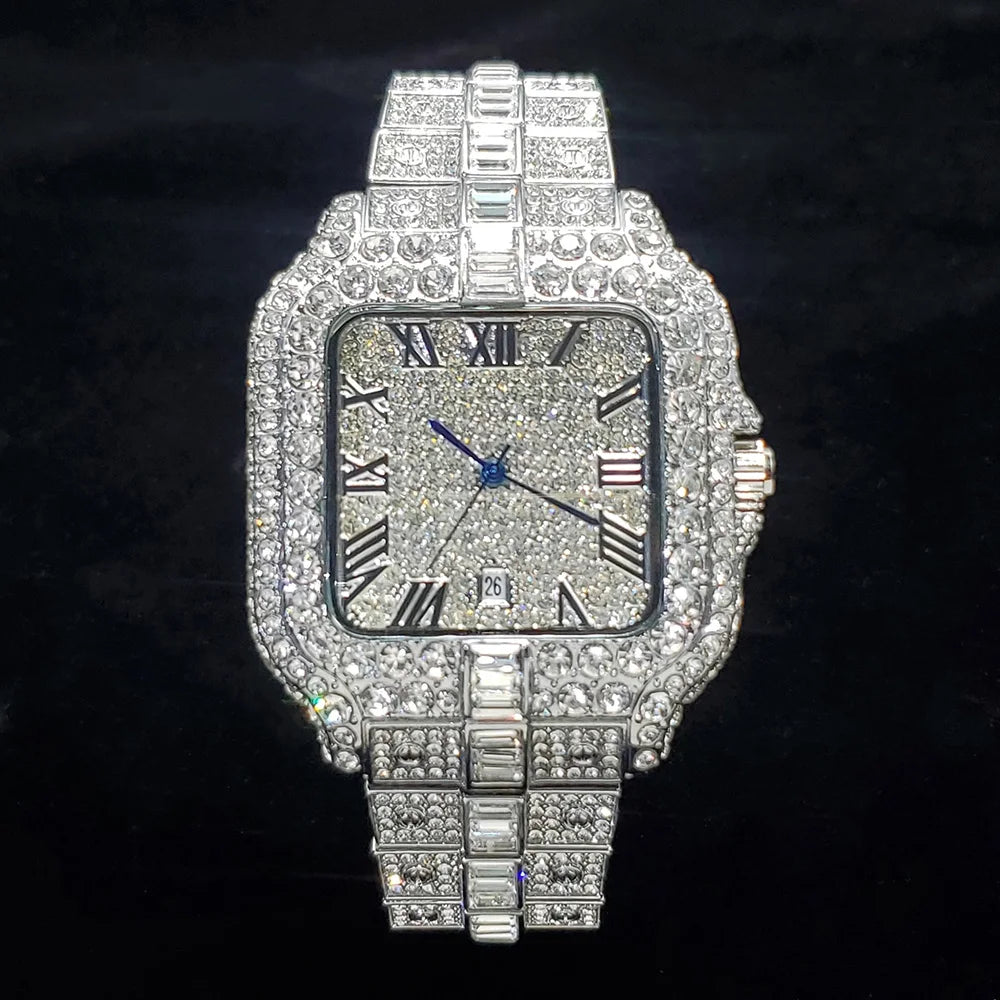 Luxury Original Brand Men Watch Fashion Bling Diamond Inlay Square Wristwatch Hip Hop Iced Out Man Jewelry Clock Dropshipping