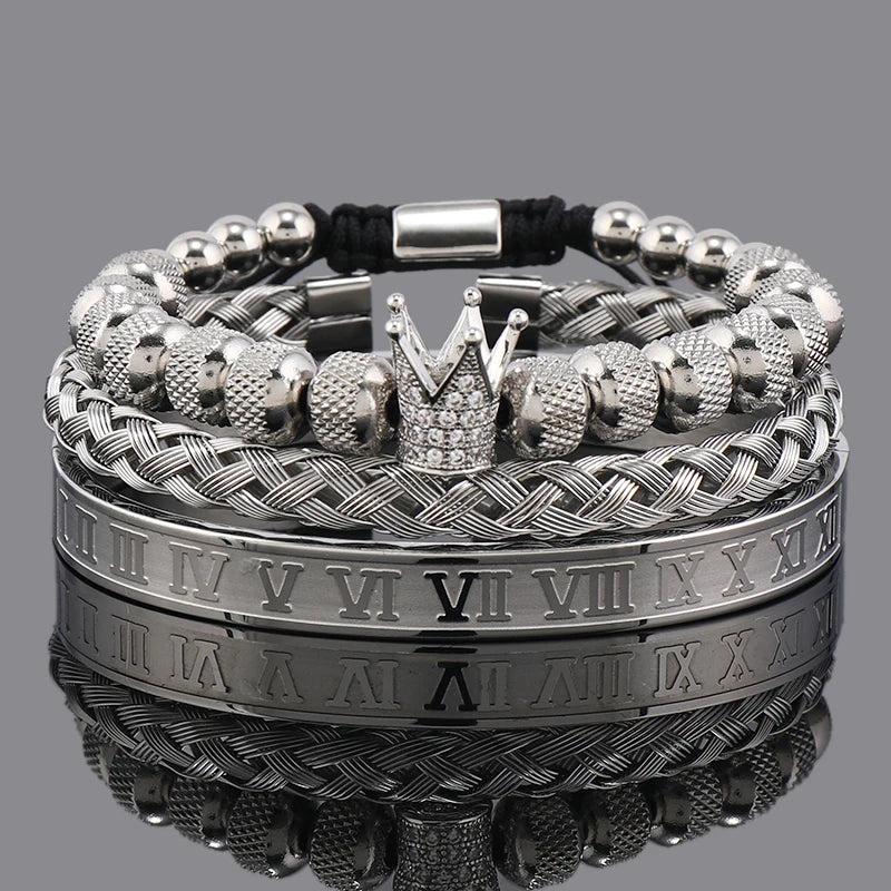 Luxury Set Crown Charms Man Bracelet Roman Stainless Steel Women Bangles Hand Jewelry Valentine's Day Gift