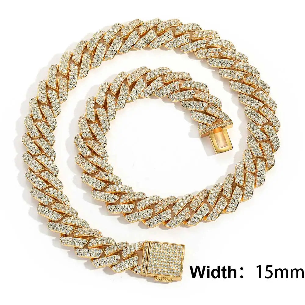 Drop Shipping Hip Hop Cuban Link Chain Necklace Silver/18k Gold Plated 10/12/14/15/20mm Iced Out Diamond CZ Gift for Him/Her