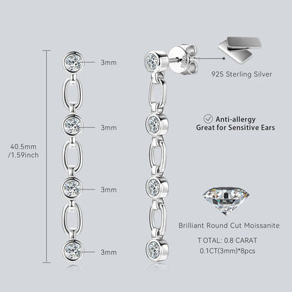 925 Sterling Silver 3mm Bezel Moissanite Long Tassel Drop Earrings