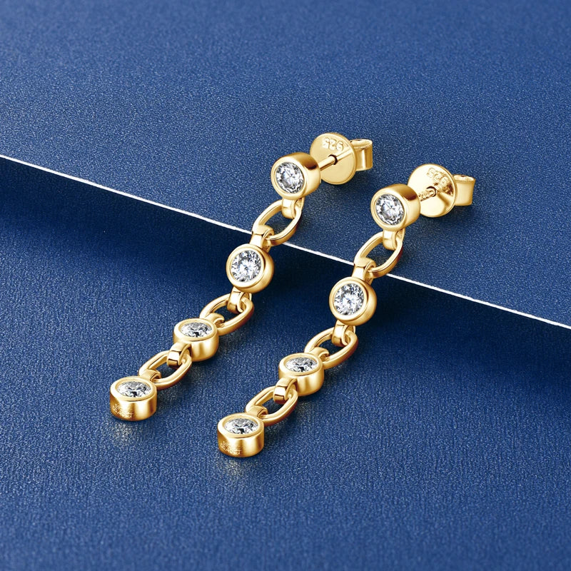 925 Sterling Silver 3mm Bezel Moissanite Long Tassel Drop Earrings