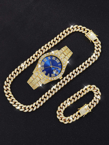 3PCS luxury alloy full diamond rhinestone mirror men's quartz watch