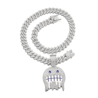 Men White Blue Cubic Zirconia Paved Hip Hop Round Face Pendants Necklaces with Cuban Chain Iced Out Bling CZ Fashion Boy Jewelry