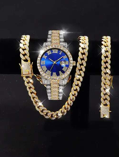 3PCS luxury alloy full diamond rhinestone mirror men's quartz watch