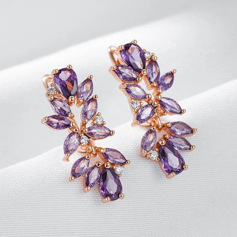 Luxury Full Paved Purple AAA Zircon Crystals 14K Rose Gold filled Geometric Dangle Earrings - Luxury Jewellery