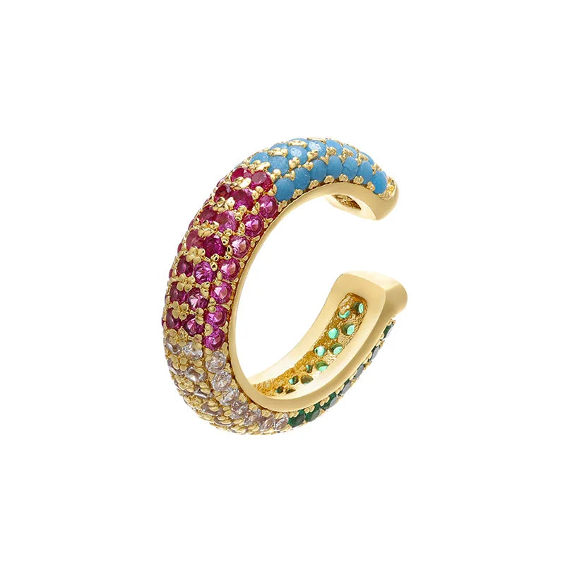 QMHJE 1 Piece Ear Clip on Earring Cuff Rainbow CZ Gold Silver Color Earing Jewelry Aretes Non Pierced Blue Black Clear Clipping
