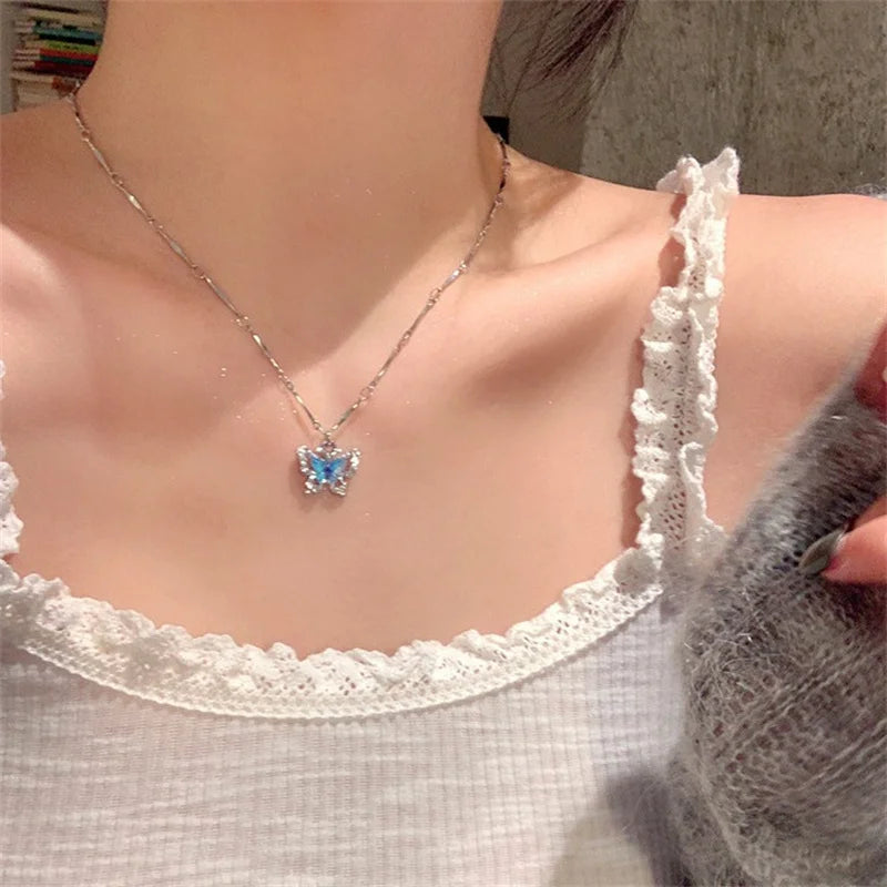 Romantic Blue Crystal Butterfly Pendant Necklace