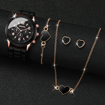 4pcs/set Geneva Fashion Silicone Band Women Quartz Watch & Heart Jewelry Set