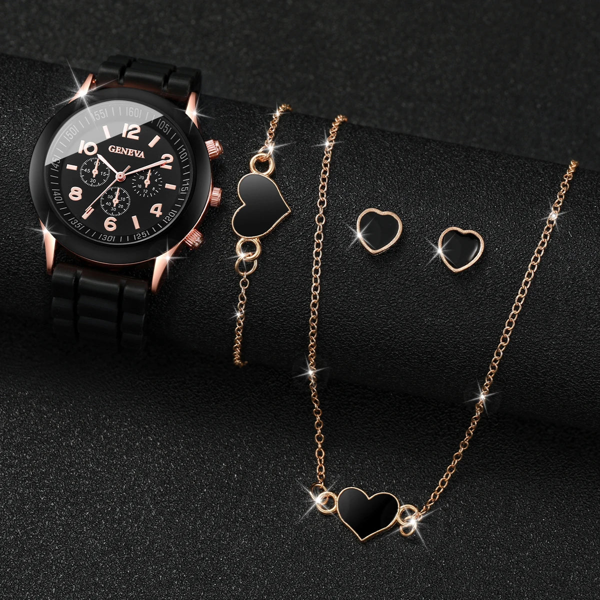 4pcs/set Geneva Fashion Silicone Band Women Quartz Watch & Heart Jewelry Set