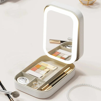 Makeup Storage Box With LED Light Mirror Portable Travel Makeup Cosmetics