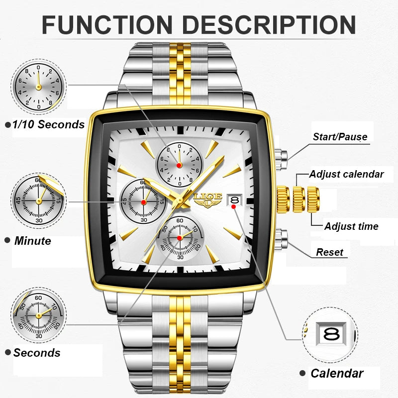LIGE Fashion Mens Watches Top Brand Luxury Luminous Waterproof Chronograph Date Man Wristwatch Outdoor Sports Quartz Watch Men