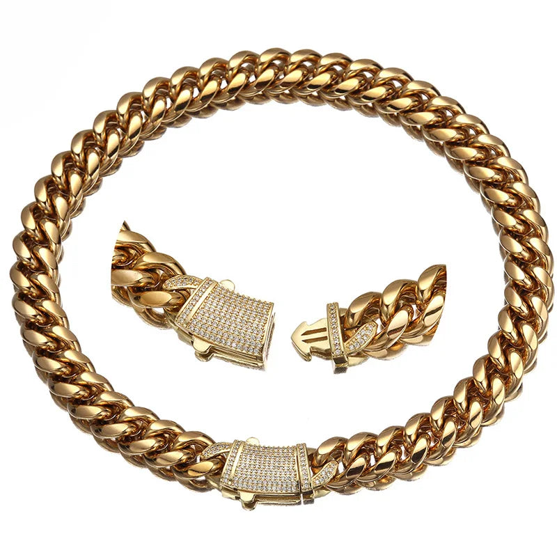 6-14mm Gold Color Stainless Steel Cuban Miami Chains Necklaces CZ Zircon Box Lock Link Chain for Men Hip Hop Rock jewelry
