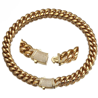 6-14mm Gold Color Stainless Steel Cuban Miami Chains Necklaces CZ Zircon Box Lock Link Chain for Men Hip Hop Rock jewelry
